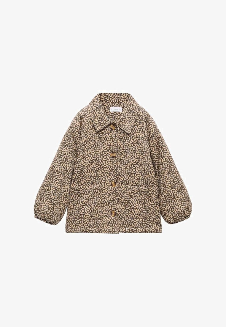 Quiltana jakna u svijetlo smeđoj boji s crnim uzorkom leoparda, s ovratnikom, zatvaranjem na gumbe i dva prednja džepa.