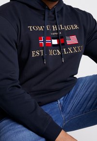 Navy blue hoodie with drawstrings and gold text. Features flag graphics of Norway, France, and the USA. Cotton blend fabric, casual fit.