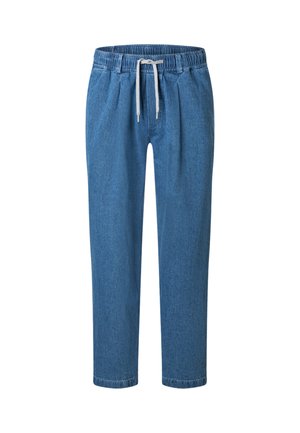 Pantalon de jogging en denim bleu avec taille élastique et cordon blanc, coupe droite, sans poches visibles ni ornements.