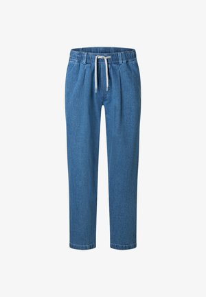Pantalon de jogging en denim bleu avec taille élastique et cordon blanc, coupe droite, sans poches visibles ni ornements.