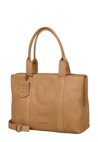 Tan leren tote bag met dubbele handvatten, ritssluiting en een geperstlogo label. Kenmerkt zich door een gestructureerde vorm en een textuur oppervlakte.