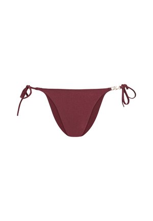 Bikiniunderdel i mörkröd färg, tillverkad av texturerat tyg. Den har justerbara snören på båda sidor och en slät, minimalistisk design.
