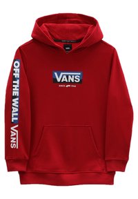 Sudadera roja con capucha y bolsillo tipo canguro en el frente, logo "VANS" en blanco y azul, y texto "OFF THE WALL" a lo largo de la manga izquierda. Material de mezcla de algodón.