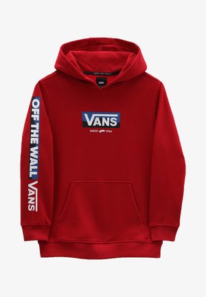 Sudadera roja con capucha y bolsillo tipo canguro en el frente, logo "VANS" en blanco y azul, y texto "OFF THE WALL" a lo largo de la manga izquierda. Material de mezcla de algodón.