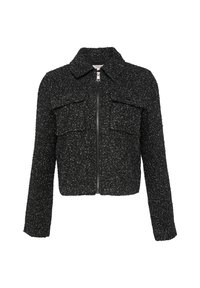 Schwarze, kurz geschnittene Jacke aus strukturiertem Stoff mit Reißverschluss, ausgestattet mit zwei Fronttaschen und einem spitzen Kragen.