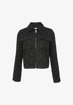 Zwarte cropped jas van gestructureerde stof met een ritsluiting, voorzien van twee voorkruiden en een puntige kraag.