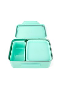 Een muntgroene lunchbox met een afneembare deksel, met één groot vak en één kleiner vak, gemaakt van duurzaam plastic.