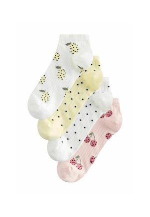 Vier Paar Knöchelsocken mit Fruchtmustern: weiß mit gelben Ananas, hellgelb mit schwarzen Punkten, weiß mit schwarzen Punkten und rosa mit roten Kirschen.
