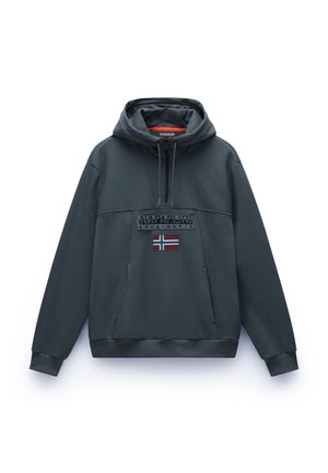 Sudadera con capucha en gris oscuro, que cuenta con un bolsillo tipo canguro en la parte delantera, cierre de cremallera y un prominente parche de logo con la bandera noruega.