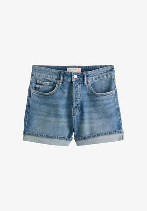 Pantaloni scurți din denim albastru cu tiv întors, nasture frontal, închidere cu fermoar, bucle pentru curea și stil cu cinci buzunare.