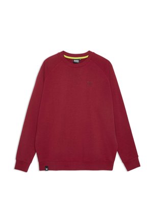 Sweat-shirt bordeaux avec un col ras du cou côtelé, des manches raglan et un logo texturé sur la poitrine. Présente un col intérieur jaune contrastant.