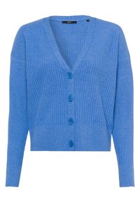 Modrý žebrovaný kardigan s výstřihem do V, rukávy na celou délku a šesti knoflíky vpředu. Látka působí měkce a texturovaně.