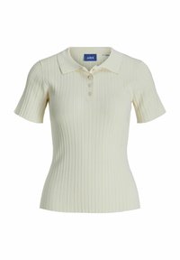 Polo majica s rebrastim uzorkom u krem boji, s ovratnikom, kratkim rukavima i placketom s tri gumba. Izrađena od rastezljivog, teksturiranog materijala.