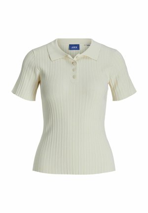 Ribota kreminė polo marškinėliai, turintys apykaklę, trumpas rankoves ir tris mygtukus. Pagaminti iš tamprios, tekstūruotos medžiagos.