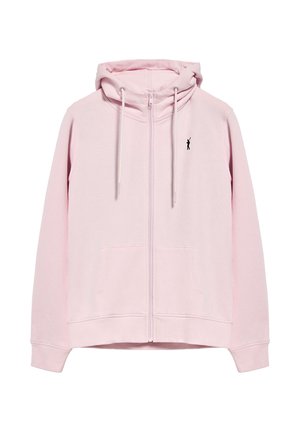 Pink zip-up hoodie made of soft fabric, featuring a drawstring hood, front pockets, and a small black logo on the chest.