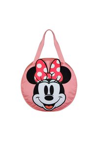 Bolsa tote rosa redonda con un gran gráfico de la cara de un personaje sonriente con orejas negras y un lazo de lunares rojos. Acabado de tela suave.