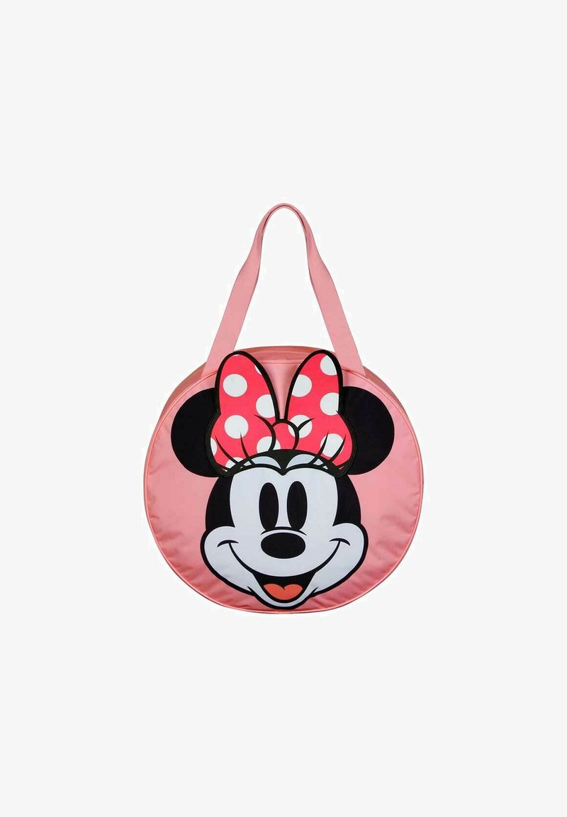 Bolsa tote rosa redonda con un gran gráfico de la cara de un personaje sonriente con orejas negras y un lazo de lunares rojos. Acabado de tela suave.
