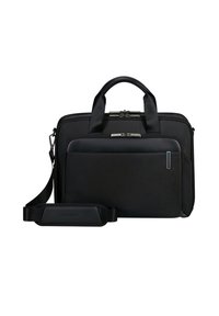 Borsa per laptop nera con doppi manici superiori, tracolla staccabile, tessuto texturizzato, tasca anteriore con zip e accessori in metallo lucido.