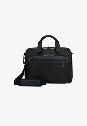 Borsa per laptop nera con doppi manici superiori, tracolla staccabile, tessuto texturizzato, tasca anteriore con zip e accessori in metallo lucido.