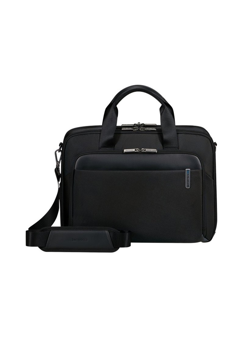 Borsa per laptop nera con doppi manici superiori, tracolla staccabile, tessuto texturizzato, tasca anteriore con zip e accessori in metallo lucido.