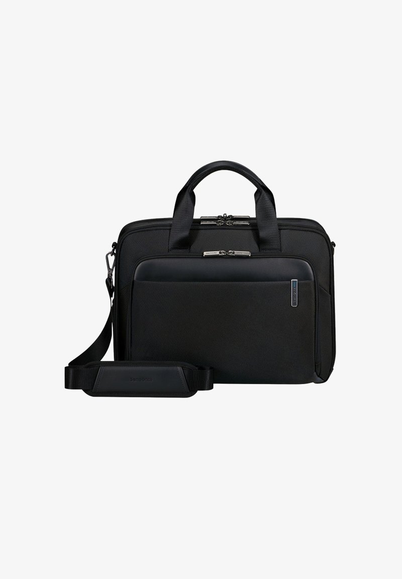 Borsa per laptop nera con doppi manici superiori, tracolla staccabile, tessuto texturizzato, tasca anteriore con zip e accessori in metallo lucido.
