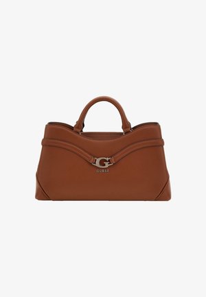 Sac à main synthétique marron avec une forme structurée, un dessus courbé, deux poignées et un logo "G" argenté bien visible à l'avant. Texture lisse.