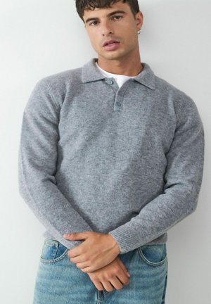 Grijze gebreide polo trui met een kraag, knoopsluiting, ribbels aan de mouwen en een zachte textuur, gedragen met lichtblauwe jeans.