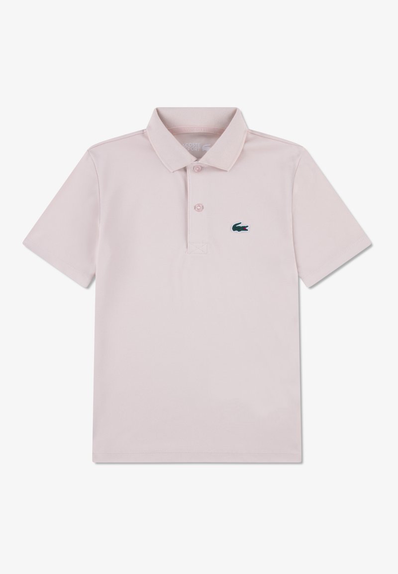 Light pink polo shirt with a collar, short sleeves, three buttons, and a small green crocodile logo on the left side. Made from breathable fabric.