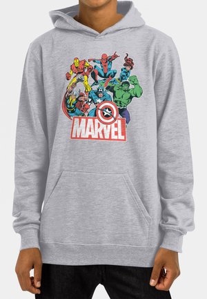 Felpa grigia chiara con tasca frontale, caratterizzata da grafiche colorate dei supereroi Marvel e il logo ben in evidenza in rosso.