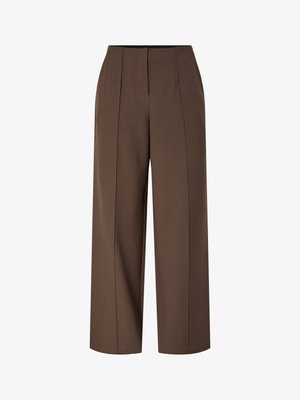 Brązowe spodnie z wysokim stanem i szerokimi nogawkami, z liniami z przodu i ukrytym zapięciem z przodu na zamek.