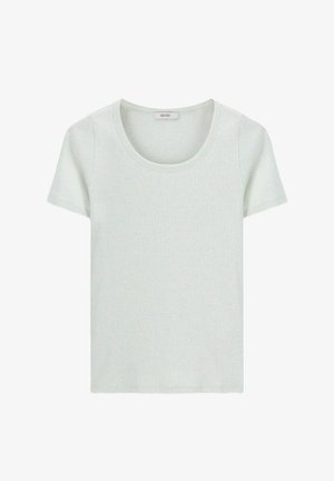 Lichtgroen, geribbelde t-shirt met korte mouwen en een ronde halslijn. Gemaakt van zacht materiaal met een gladde textuur. Geen opvallende patronen of accenten.