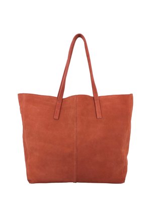 Large burnt orange suede tote bag with two long handles and a simple stitched seam down the center on a white background.