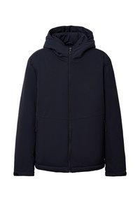Veste à capuche bleu marine avec fermeture éclair à l'avant, texture lisse, poches latérales et coupe légèrement cintrée à l'ourlet.