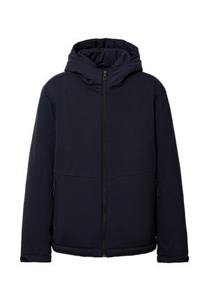 Marineblaues Kapuzenjacke mit durchgehendem Reißverschluss, glatter Textur, seitlichen Taschen und leicht tailliertem Saum.