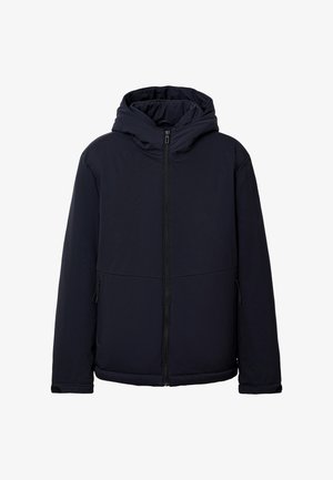 Marineblaues Kapuzenjacke mit durchgehendem Reißverschluss, glatter Textur, seitlichen Taschen und leicht tailliertem Saum.