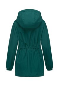 Giacca verde resistente all'acqua con cappuccio, vita elastica e maniche lunghe. Tessuto liscio con dettagli arricciati attorno alla vita.