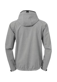 Veste grise avec capuche, faite en tissu lisse. Présente des poignets élastiques et un ourlet à cordon. Design simple avec une texture subtile.
