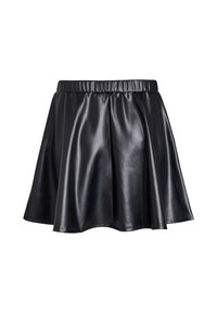Zwarte fauxleren rok met een elastische tailleband, zachtjes uitlopend figuur en glanzende textuur. De zoomlijn is gelijkmatig, zonder extra versieringen.