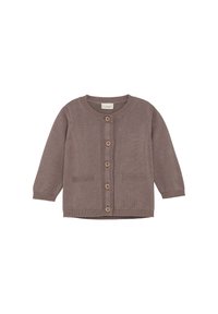 Brun strikket cardigan med lange ærmer, rund halsudskæring, seks knaplukninger og to forreste lommer. Tekstureret stof med ribkant.