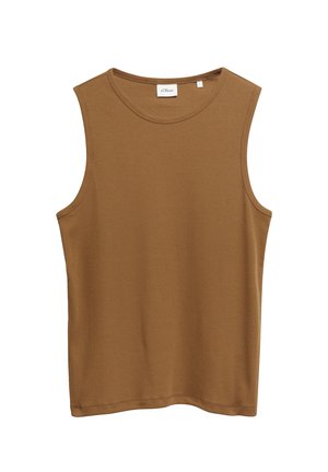 Débardeur marron en maille sans manches avec col rond, conçu pour un usage décontracté, présenté sur fond blanc.