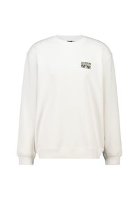 Felpa bianca a maniche lunghe con scollo rotondo realizzata in tessuto morbido, con un piccolo patch grafico multicolore sul lato sinistro del petto. Vestibilità ampia con polsini a coste.