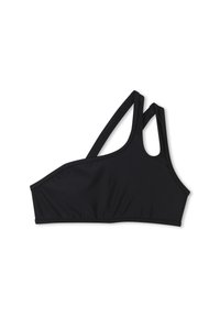 Soutien-gorge de sport noir au design épuré, doté de bretelles croisées, d'une texture lisse et d'une silhouette courte. Coutures minimales et sans motifs.