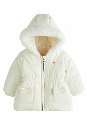 Veste d'hiver bébé couleur crème avec capuche doublée de fourrure douce, fermeture éclair devant, deux poches ornées de nœuds et un subtil détail de cœur brodé.
