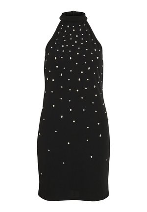 Rochie neagră cu guler halter, de design ajustat, decorată cu perle albe dispersate și paiete argintii pentru un plus de textură și detalii.
