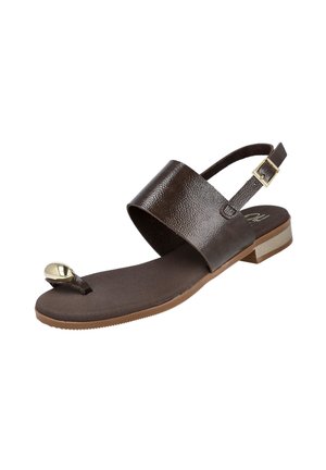 Sandalia plana marrón con una tira ancha, lazo para el dedo con detalle dorado y correa ajustable con hebilla en el tobillo sobre un tacón bajo.