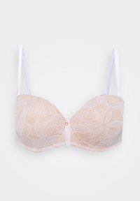 Beige padded bra with floral lace overlay and adjustable white straps on a plain background.