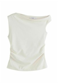 Haut blanc ajusté avec un large décolleté et des manches courtes. Tissu lisse avec un détail froncé sur le côté. Étiquette : NEXT.