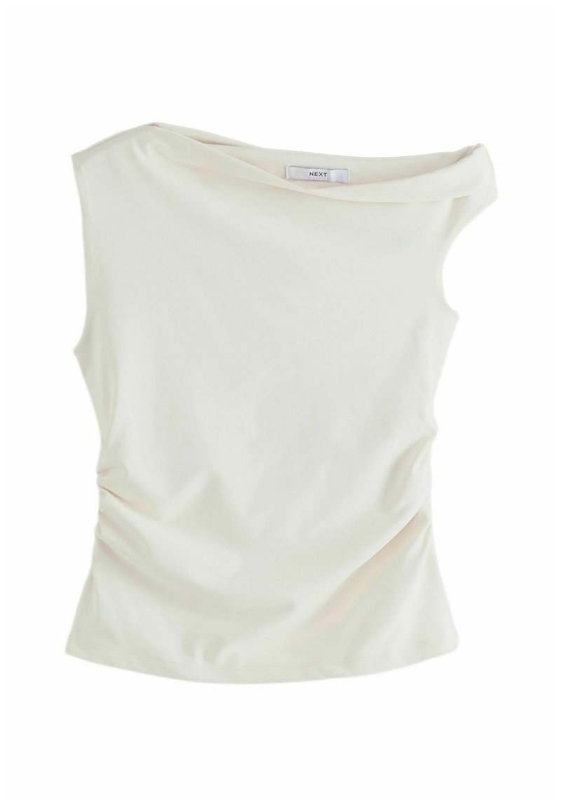 Haut blanc ajusté avec un large décolleté et des manches courtes. Tissu lisse avec un détail froncé sur le côté. Étiquette : NEXT.