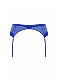 Gaine en maille bleue avec des sangles ajustables, accents en matériel doré et un design arqué. Présente une fermeture à l'arrière.