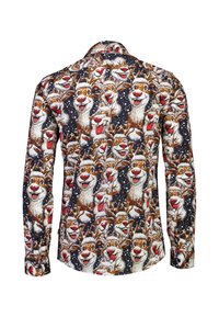Langarmshirt met een rendierpatroon in wit, bruin en rood op een donkerblauwe achtergrond met sneeuwvlokken. Soepele stoftextuur.